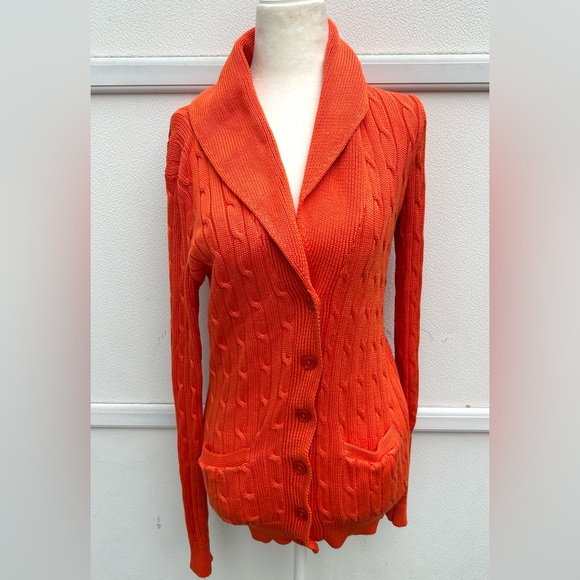 Ralph Lauren Cardigan Sweater Women M Orange Cable Knit 100% Pima Cotton Pockets - Picture 7 of 13